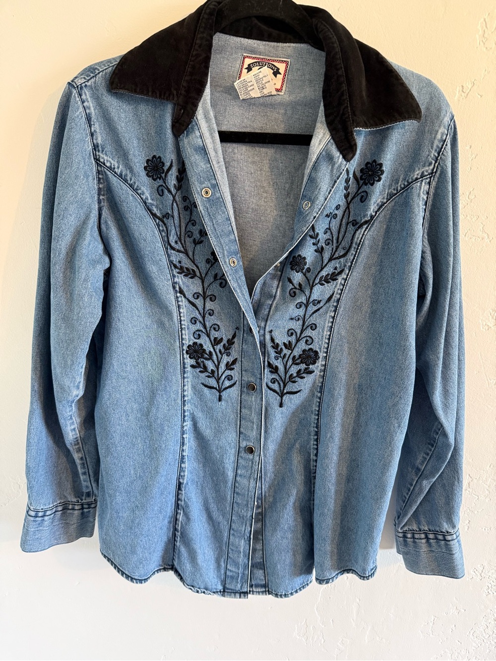 Vintage Solutions Blue Denim Western Shirt with Black Floral Embroidery